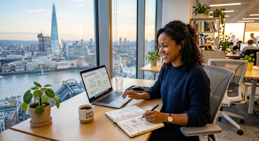 professional working happily at a desk representing achieving a dream job