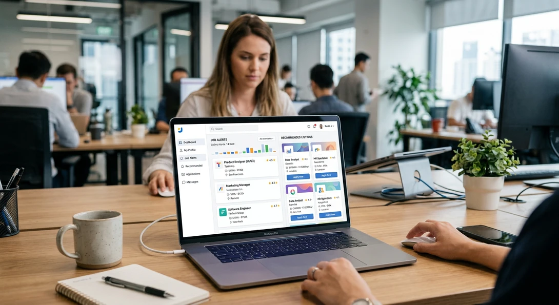Modern job search dashboard displayed on a laptop, showing job alerts, recommended listings, company ratings, and salary ranges, clean UI design, realistic office environment