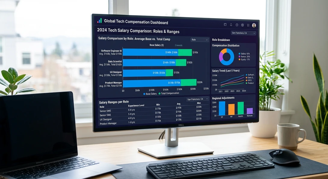 Example salary comparison dashboard showing compensation ranges for different roles, bar charts and salary data visualization on a computer screen