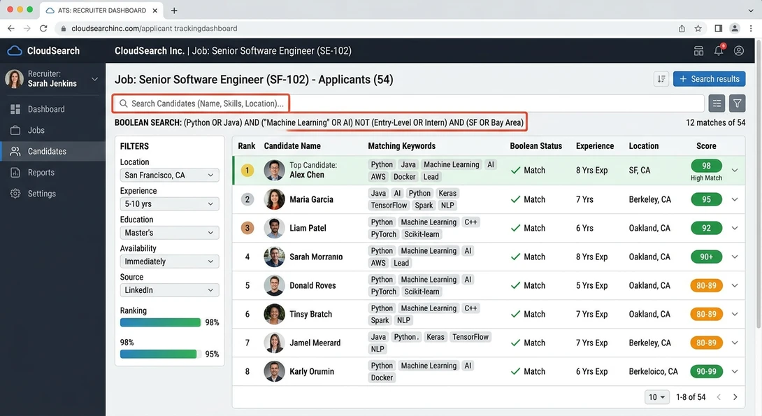 ATS recruiter dashboard with candidate scoring and search filters