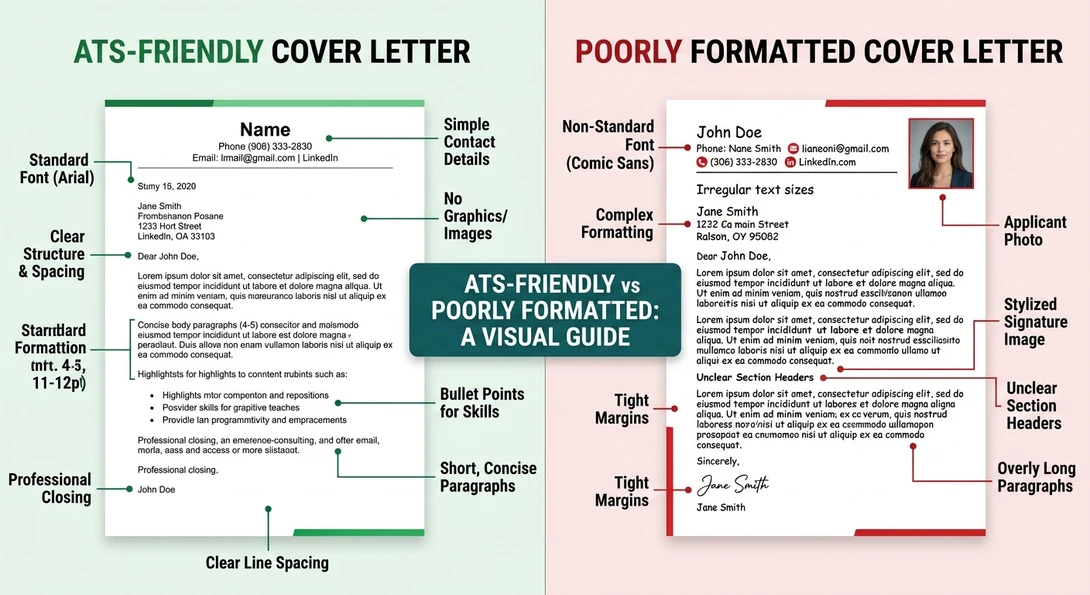 Comparison of ATS-friendly cover letter vs poorly formatted version