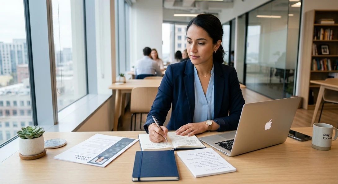 Candidate preparing for a job interview with notes and resume