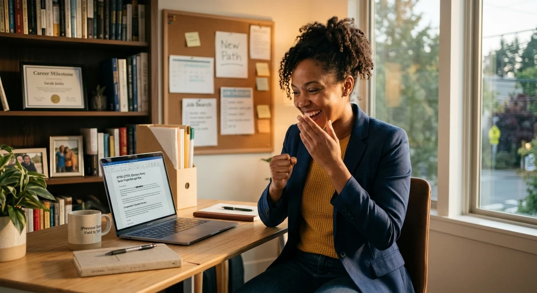 professional celebrating job offer after career change