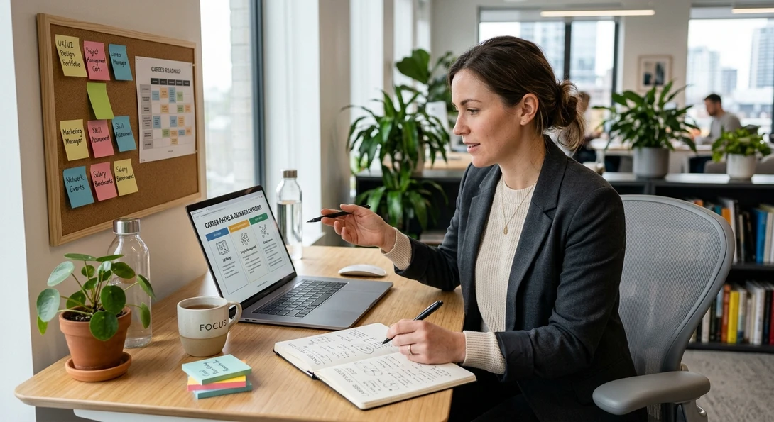 professional planning a career change on laptop with notes