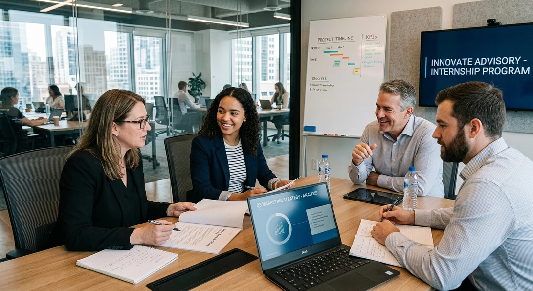 Intern working with senior colleagues in office meeting