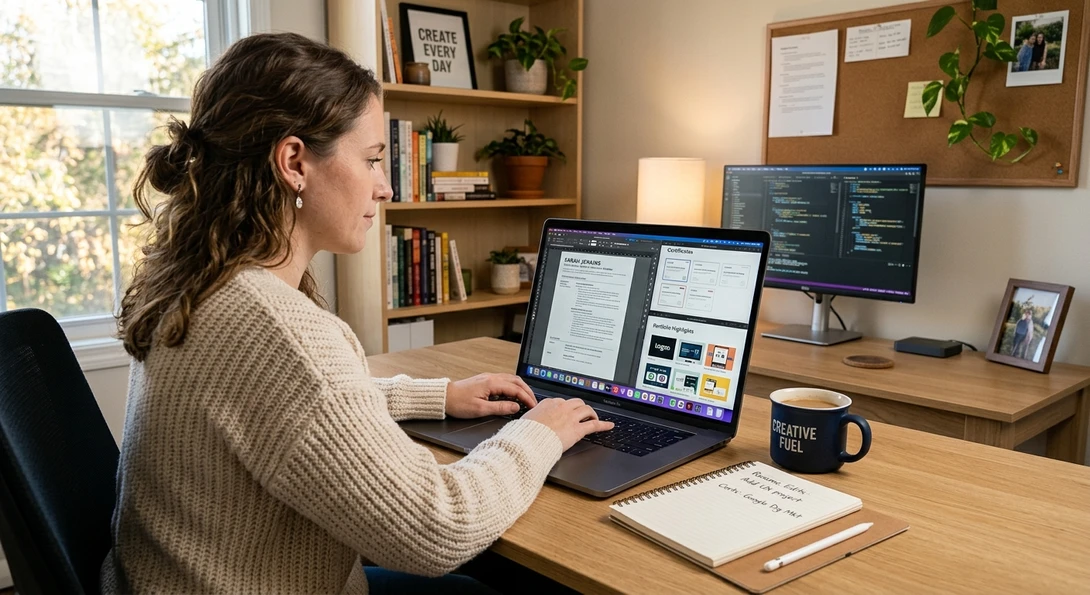 Freelancer updating resume with skills learned during career gap