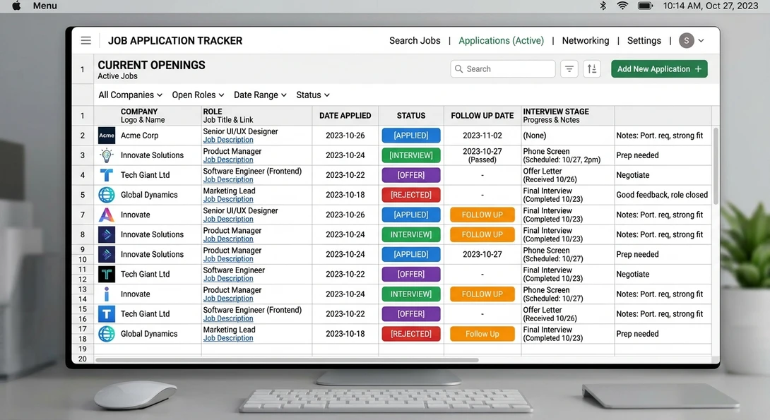 Example spreadsheet used to track job applications