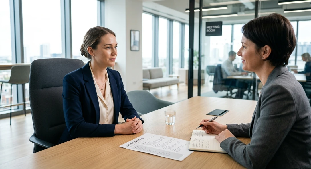 Job candidate answering an interview question in a modern office