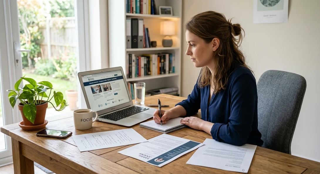 Candidate preparing for a job interview with notes and laptop
