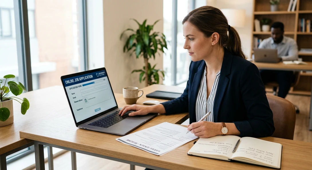 person completing a job application on laptop with resume beside them