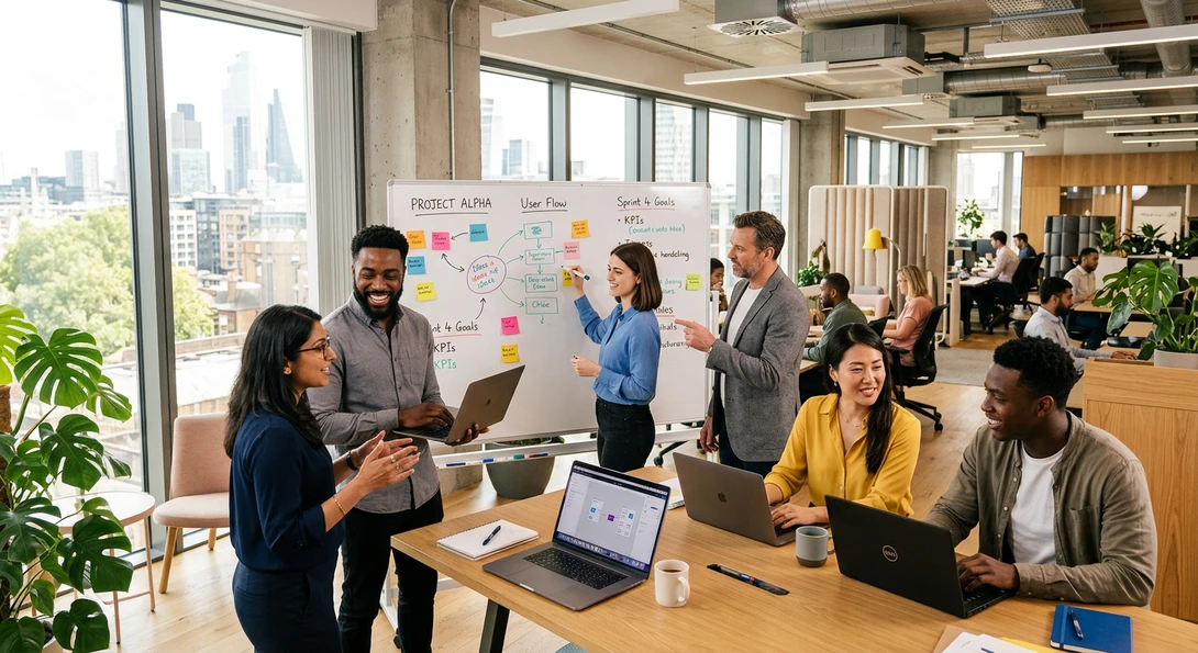Modern office environment with diverse professionals collaborating around laptops and whiteboards, bright natural light, contemporary tech workplace atmosphere, realistic photography style