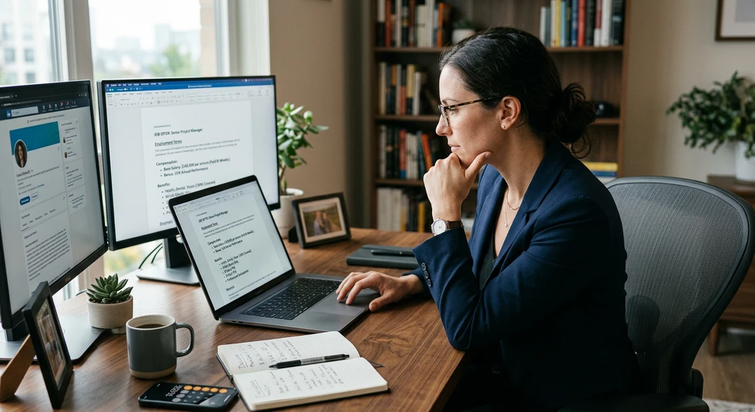 Professional reviewing a job offer document showing salary numbers and benefits on a laptop screen, modern desk setup, financial planning or career decision concept, realistic photo
