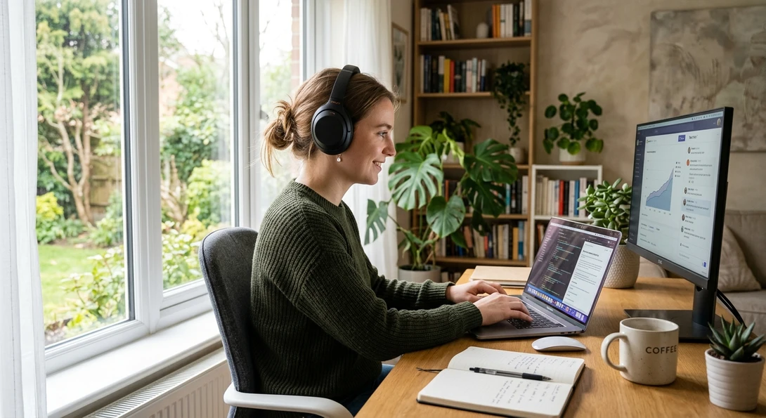 Remote entry-level worker using laptop at home