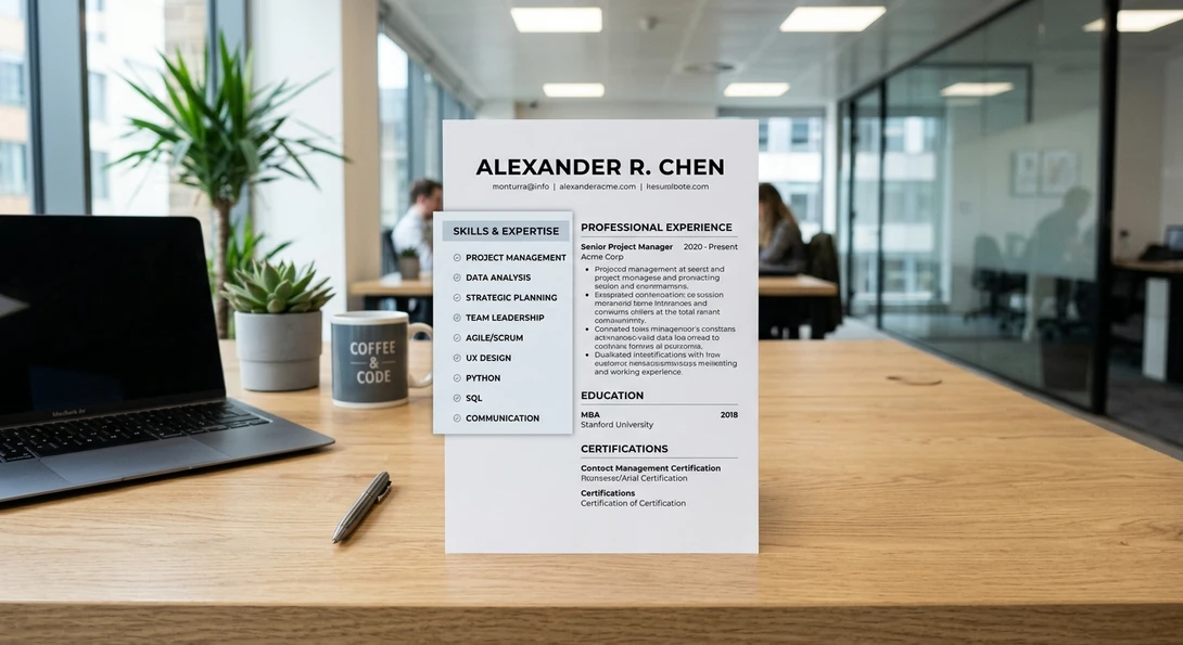 Resume with highlighted skills section next to a job description