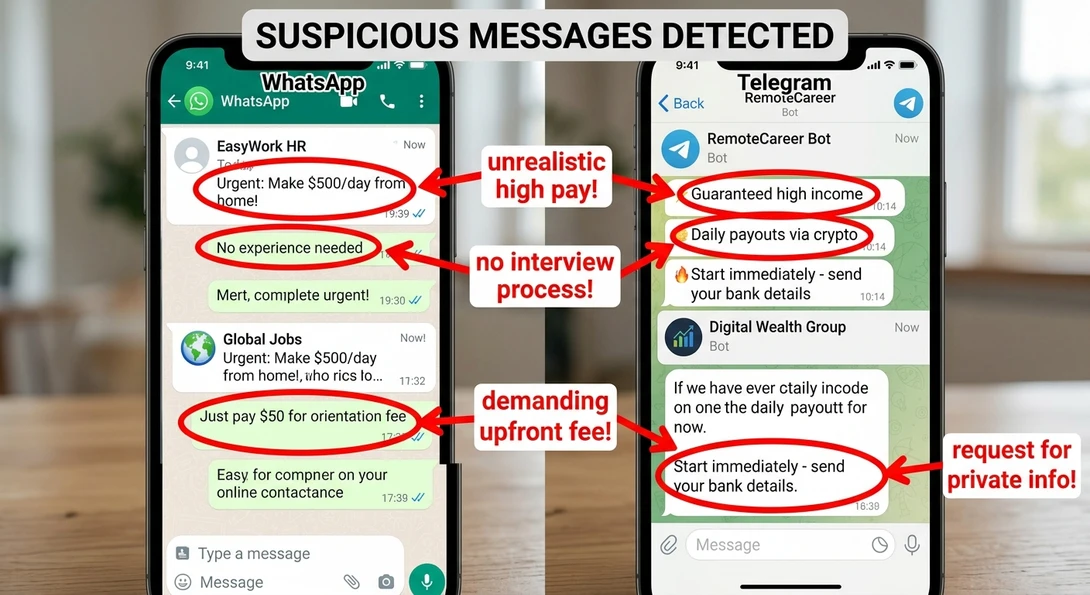 Example of scam job messages on messaging apps