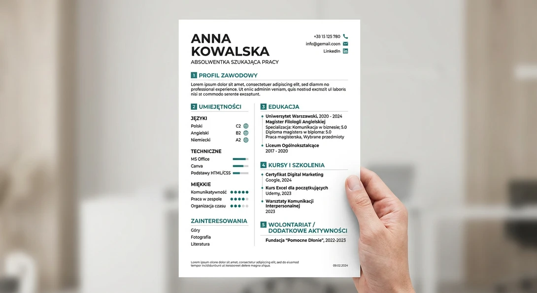 przykładowy szablon cv bez doświadczenia