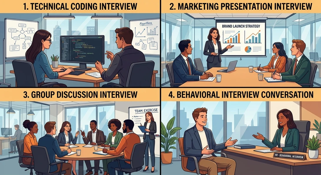 Different types of job interviews including technical and group interviews