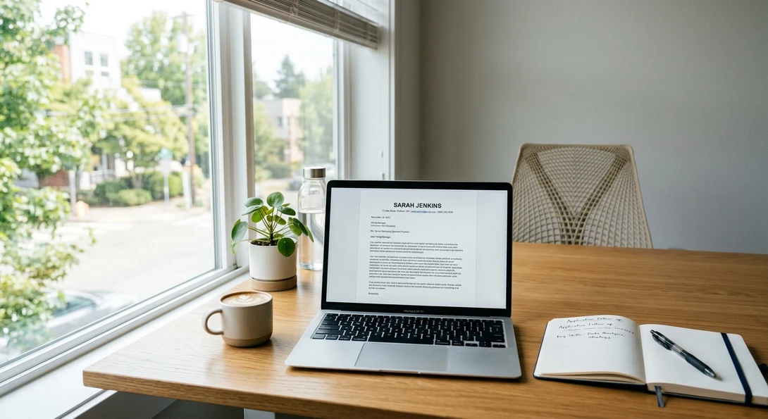 Writing a professional cover letter on a laptop at a desk
